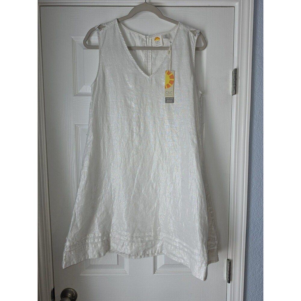 NWT C&C California Women's 100% Linen Metallic White Shimmer Trapeze Dress Sz S